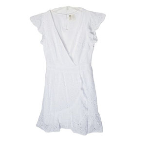 Japna White V Neck Eyelet Dress Women Size Medium Ruffle Sleeve